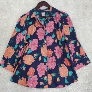 Chico's Womens Floral Button Up Shirt Size 2 US 12 Navy 3/4 Sleeve Casual